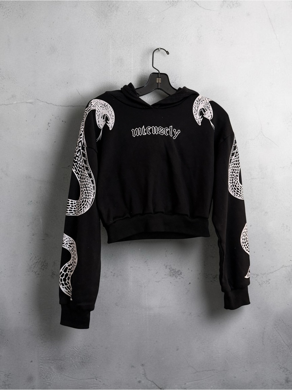 Women’s Black Cropped Hoodie with White Snake Graphics
